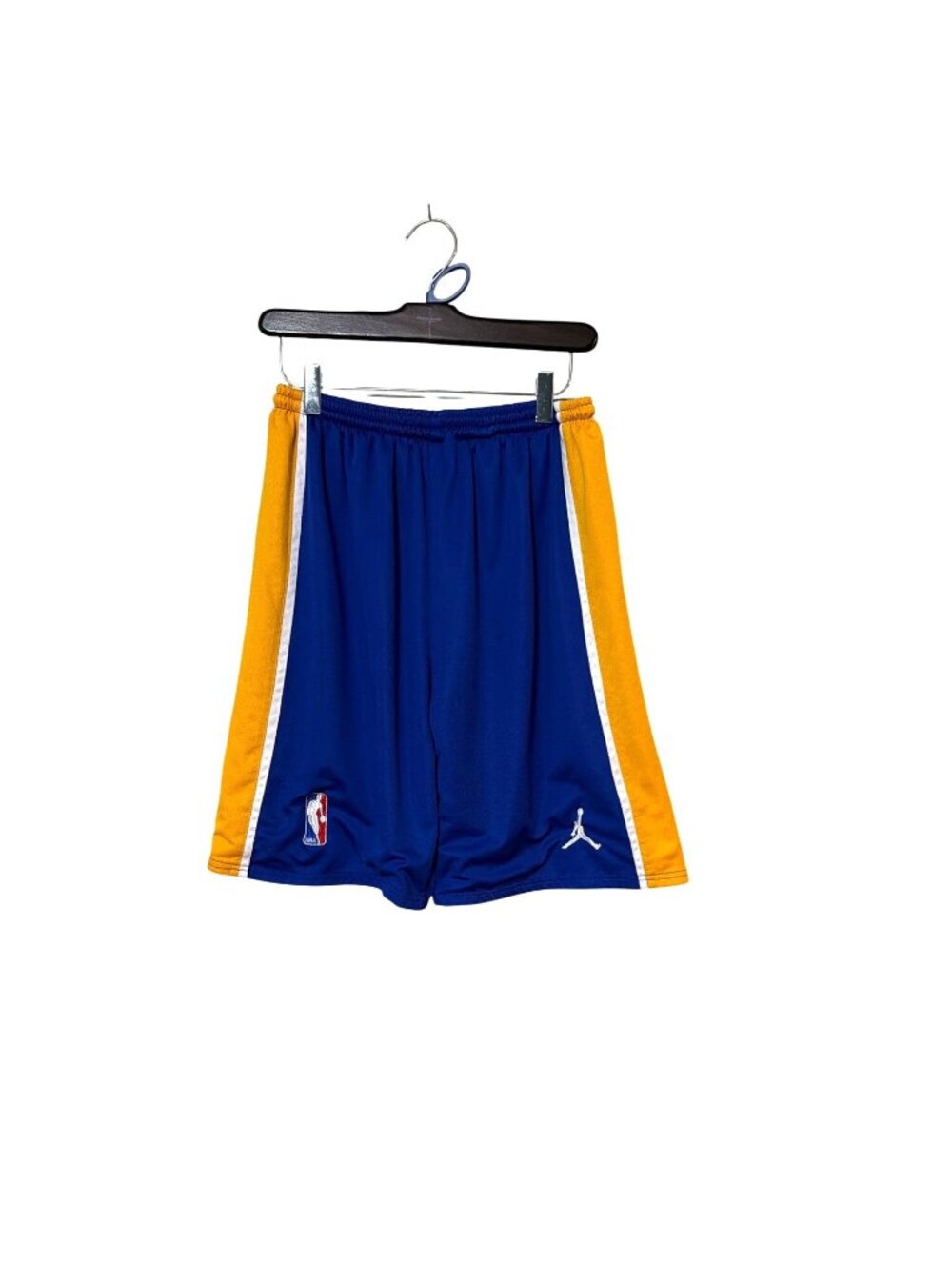 NBA Jordan Mens Blue & Gold Basketball Shorts With White Stripe & Elastic Waist